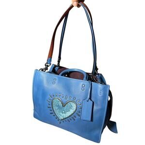 Coach X Keith Haring Rogue blue pebble leather sequined heart design
